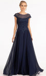 A-line Scoop Neck Sheer Back Zipper Embroidered Beaded Natural Waistline Chiffon Cap Sleeves Floor Length Dress