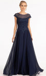 A-line Cap Sleeves Floor Length Chiffon Scoop Neck Natural Waistline Back Zipper Sheer Beaded Embroidered Dress
