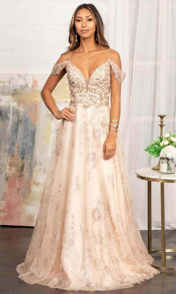 A-line V-neck Natural Waistline Off the Shoulder Plunging Neck V Back Glittering Beaded Sequined Back Zipper Illusion Mesh Draped Evening Dress with a Brush/Sweep Train