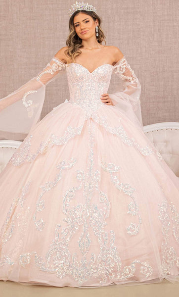 Basque Corset Waistline Sequined Sheer Lace-Up Glittering Mesh Sweetheart Bell Sleeves Quinceanera Dress with a Brush/Sweep Train