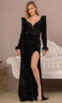 Sexy V-neck Sheath Open-Back Illusion Slit Sequined Draped Ruched Natural Waistline Long Puff Sleeves Sleeves Plunging Neck Velvet Sheath Dress/Evening Dress with a Brush/Sweep Train