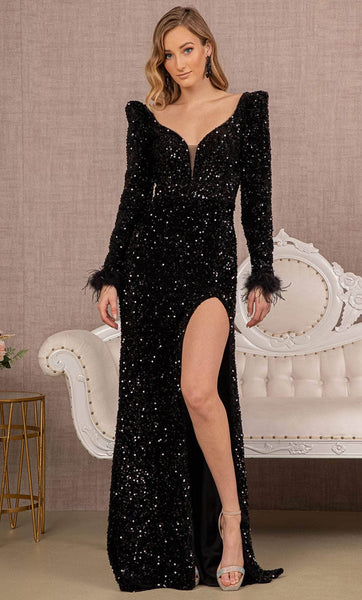 Sexy V-neck Natural Waistline Sheath Velvet Plunging Neck Open-Back Ruched Slit Illusion Draped Sequined Long Puff Sleeves Sleeves Sheath Dress/Evening Dress with a Brush/Sweep Train
