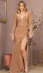 Sexy V-neck Sheath Long Puff Sleeves Sleeves Natural Waistline Illusion Slit Draped Ruched Sequined Open-Back Plunging Neck Velvet Sheath Dress/Evening Dress with a Brush/Sweep Train