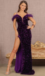 Sexy Sheath Plunging Neck Slit Draped Illusion Sequined Velvet Off the Shoulder Spaghetti Strap Natural Waistline Sheath Dress/Prom Dress with a Brush/Sweep Train