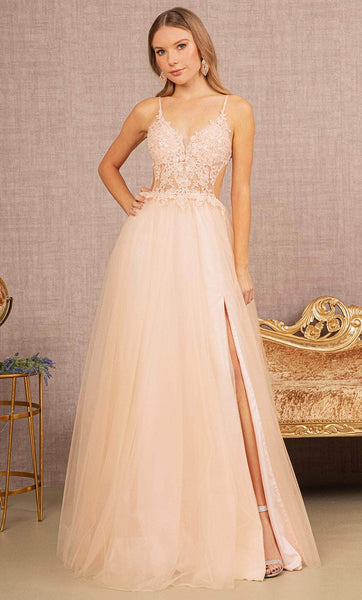 Sexy A-line V-neck Sleeveless Floor Length Natural Waistline Embroidered Beaded Slit Mesh Illusion Open-Back Flowy Applique Fitted Sheer Prom Dress