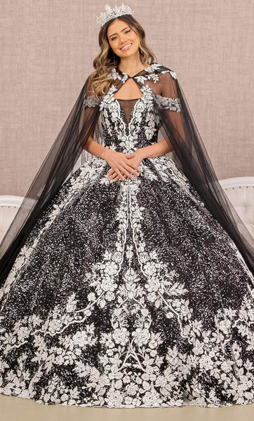 V-neck Sheer Mesh Illusion Embroidered Plunging Neck Floral Print Off the Shoulder Floor Length Natural Waistline Ball Gown Evening Dress with a Brush/Sweep Train