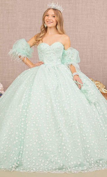 Strapless Natural Waistline Floral Print Floor Length Lace-Up Mesh Glittering Sweetheart Ball Gown Evening Dress/Quinceanera Dress with a Brush/Sweep Train
