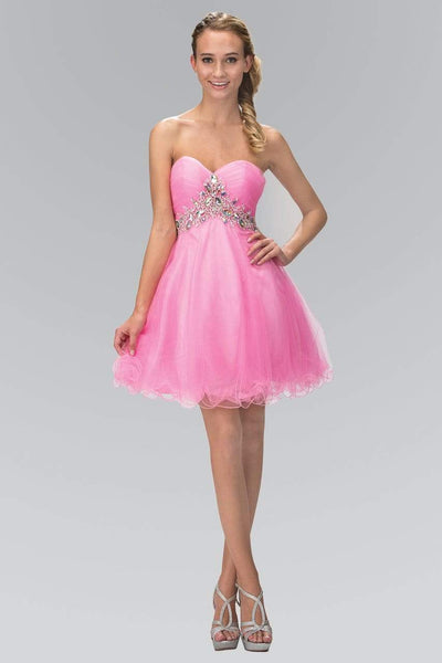 A-line Strapless Short Jeweled Open-Back Ruched Empire Waistline Tulle Sweetheart Dress