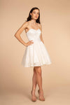 A-line Strapless Corset Natural Waistline Jeweled Lace-Up Sweetheart Lace Short Floral Print Dress With Rhinestones