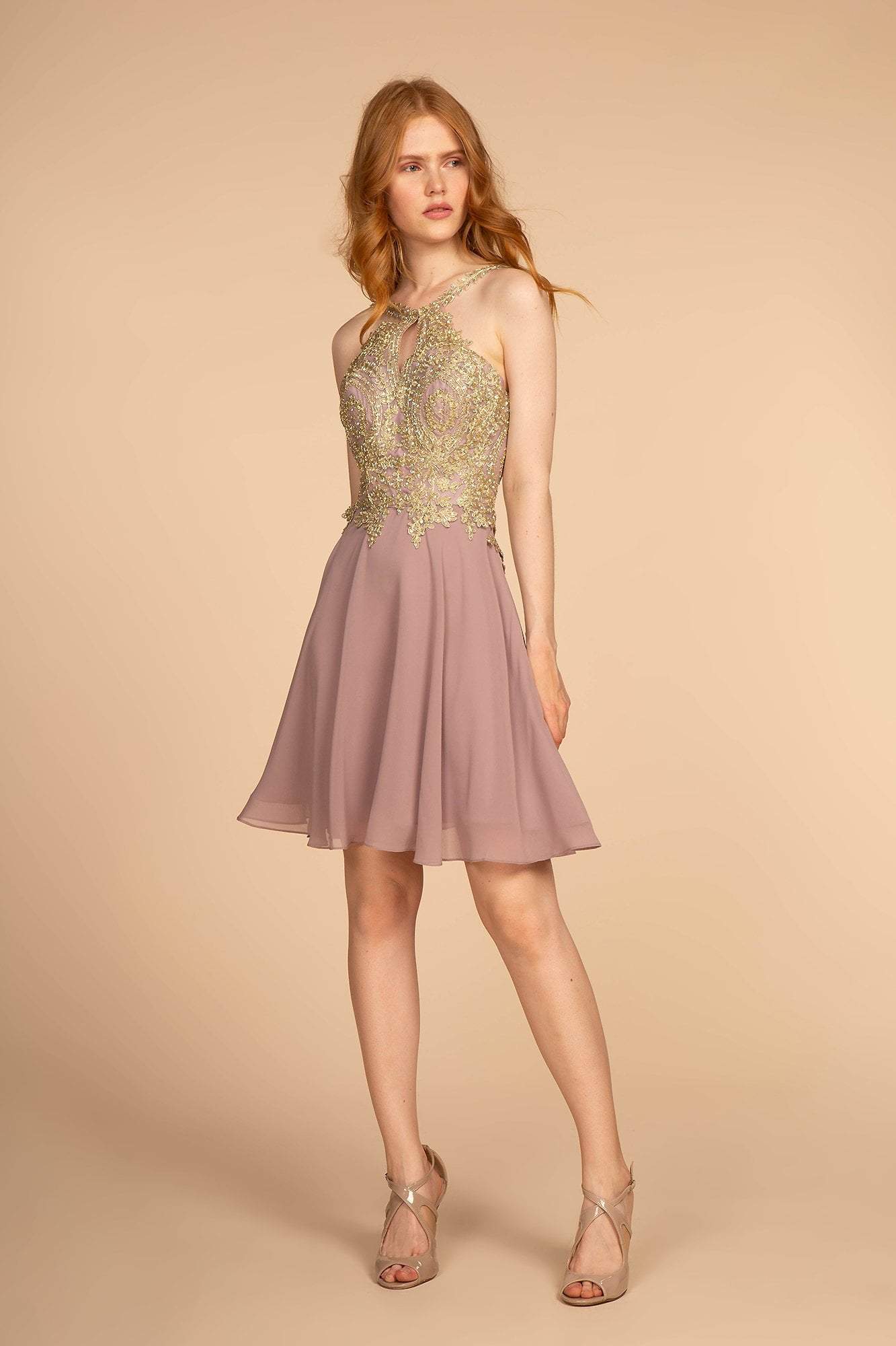 Elizabeth K - GS1615 Gilt-Embroidered High Halter Chiffon Dress
