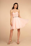 A-line Strapless Sweetheart Natural Waistline Cocktail Short Chiffon Ruched Open-Back Pleated Back Zipper Party Dress With Rhinestones