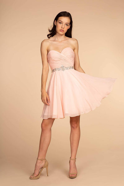 A-line Strapless Sweetheart Natural Waistline Chiffon Cocktail Short Back Zipper Open-Back Ruched Pleated Party Dress With Rhinestones