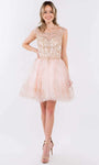 A-line Jeweled Back Zipper Illusion Glittering Embroidered Mesh Cap Sleeves Natural Waistline Short Scoop Neck Dress