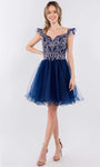 A-line Sweetheart Embroidered Mesh Back Zipper Applique Draped Babydoll Flutter Sleeves Short Natural Waistline Dress