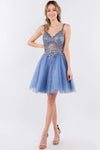 Tall A-line V-neck Basque Waistline Metallic Short Sleeveless Glittering Open-Back Back Zipper Sequined Sheer Mesh Dress