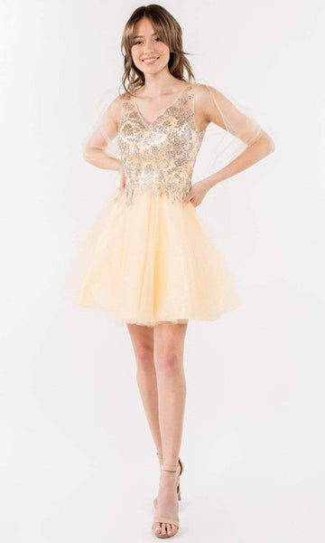 A-line V-neck Short Tulle Natural Waistline Sleeveless Back Zipper Illusion V Back Sheer Glittering Dress