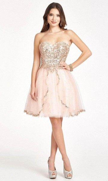 A-line Strapless Glittering Mesh Sequined Applique Tiered Cocktail Short Sweetheart Corset Natural Waistline Dress