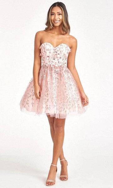 Sophisticated Strapless Floral Print Cocktail Short Glittering Sequined Beaded Lace-Up Mesh Applique Fitted Sweetheart Natural Waistline Fit-and-Flare Dress