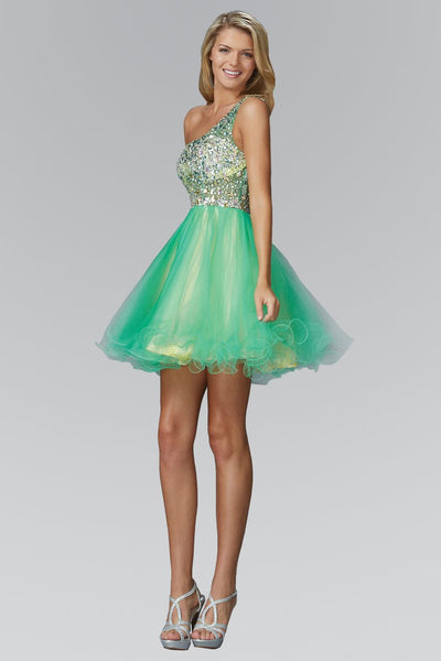 A-line Tulle Short Jeweled Asymmetric One Shoulder Sleeveless Natural Waistline Prom Dress