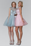 A-line High-Neck Tulle Illusion Open-Back Jeweled Flowy Cap Sleeves Short Dress