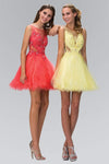 A-line Sleeveless Jeweled V Back Illusion Fitted Sheer Short Bateau Neck Natural Waistline Party Dress