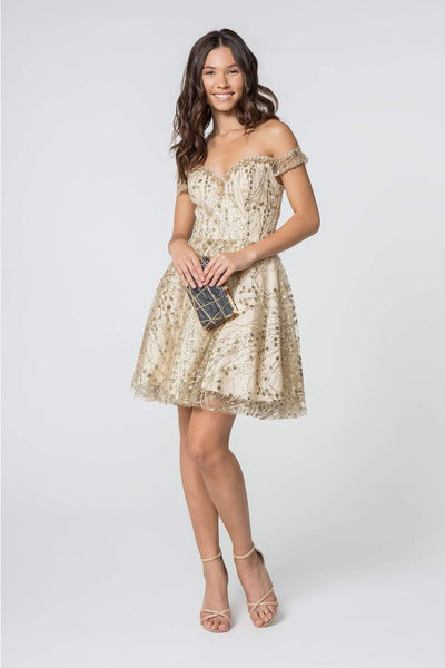 A-line Fitted Glittering Open-Back Sequined Pleated Back Zipper Sheer Natural Waistline Off the Shoulder Cocktail Above the Knee Sweetheart Dress