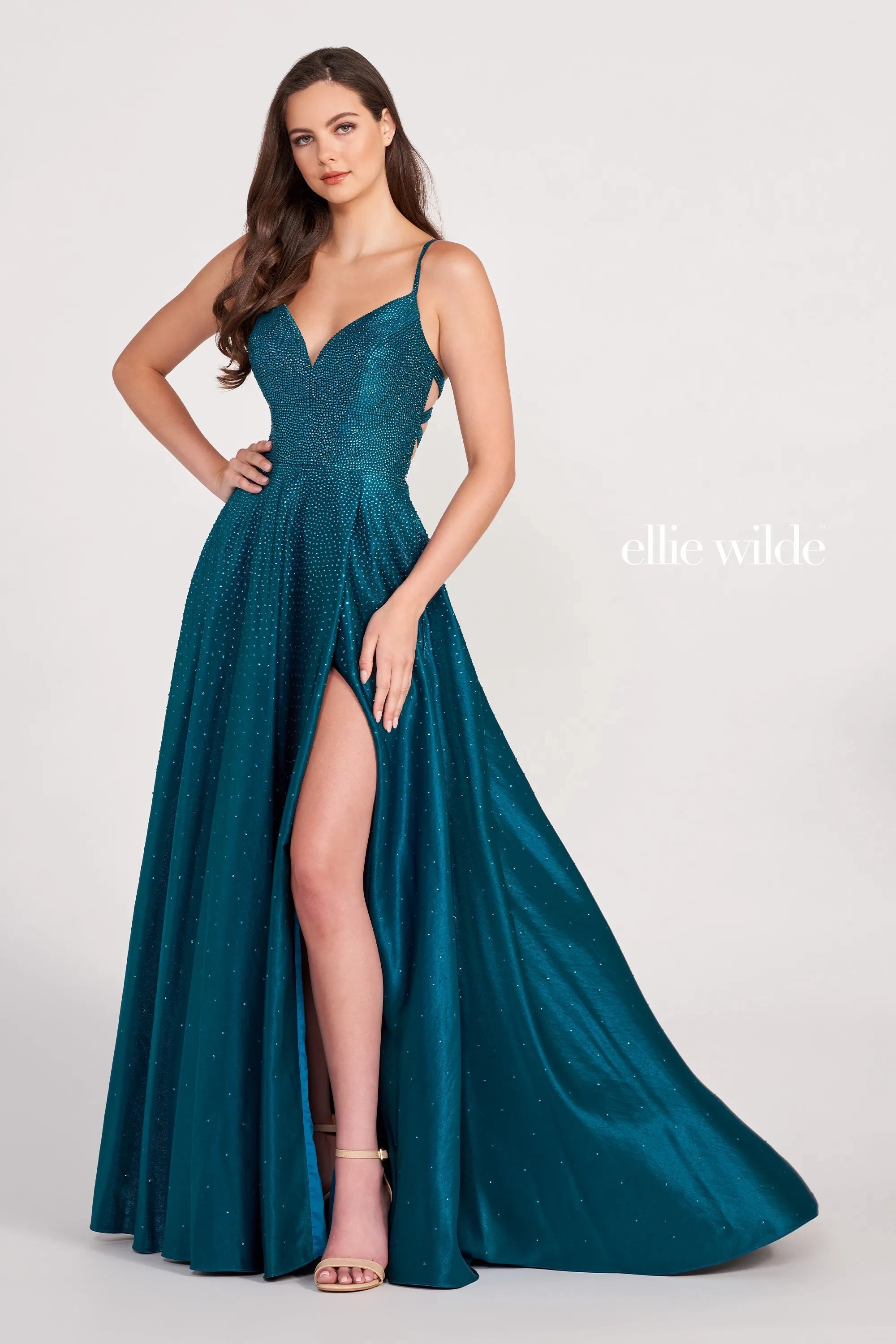 A-line V-neck Satin Sleeveless Spaghetti Strap Sweetheart Crystal Hidden Back Zipper Lace-Up Fitted Pocketed Slit Open-Back Empire Waistline Dress with a Brush/Sweep Train