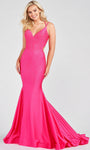 V-neck Spaghetti Strap Back Zipper Open-Back Cutout Beaded Mermaid Natural Waistline Prom Dress with a Brush/Sweep Train