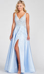 A-line V-neck Sleeveless Plunging Neck Open-Back Illusion Back Zipper Applique Sheer Embroidered Beaded Slit Pocketed Natural Waistline Prom Dress with a Brush/Sweep Train