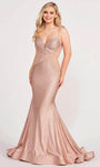 V-neck Spaghetti Strap Mermaid Illusion Open-Back Sheer Natural Waistline Striped Print Plunging Neck Prom Dress with a Brush/Sweep Train With Rhinestones