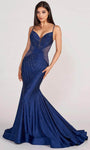 V-neck Natural Waistline Mermaid Sheer Illusion Open-Back Plunging Neck Striped Print Spaghetti Strap Prom Dress with a Brush/Sweep Train With Rhinestones