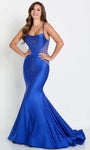 Natural Waistline Mermaid Scoop Neck Spaghetti Strap Illusion Back Zipper Ribbed Open-Back Sheer Jeweled Prom Dress with a Brush/Sweep Train With Rhinestones
