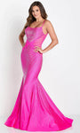 Spaghetti Strap Natural Waistline Mermaid Open-Back Ribbed Illusion Back Zipper Sheer Jeweled Scoop Neck Prom Dress with a Brush/Sweep Train With Rhinestones