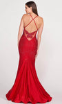 V-neck Illusion Slit Embroidered Sheer Natural Waistline Mermaid Plunging Neck Spaghetti Strap Prom Dress with a Brush/Sweep Train With Rhinestones
