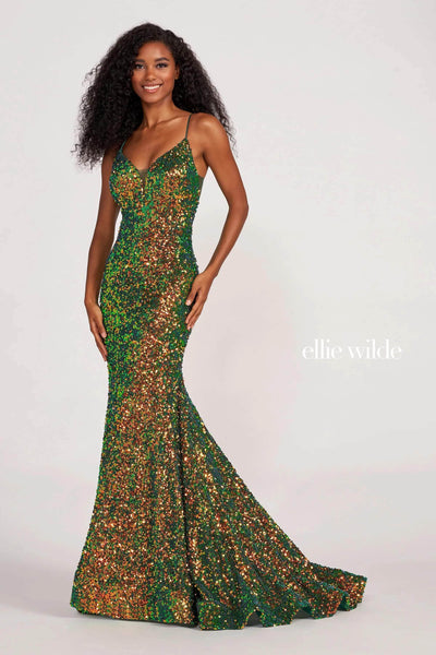 V-neck Plunging Neck Natural Waistline Mermaid Jersey Sheer Lace-Up Sequined Open-Back Floor Length Spaghetti Strap Prom Dress with a Brush/Sweep Train
