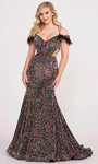 V-neck Mermaid Plunging Neck Floor Length Sequined Off the Shoulder Corset Natural Waistline Evening Dress