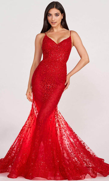 Sophisticated V-neck Spaghetti Strap Fit-and-Flare Mermaid Corset Natural Waistline Fitted Self Tie Embroidered Glittering Sequined Open-Back Back Zipper Lace-Up Floor Length Evening Dress with a Brus