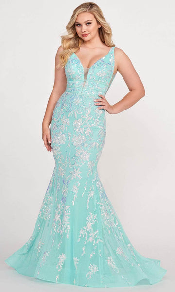 V-neck General Print Jersey Beaded Illusion Open-Back Sheer Crystal Sequined Plunging Neck Natural Waistline Mermaid Prom Dress with a Brush/Sweep Train