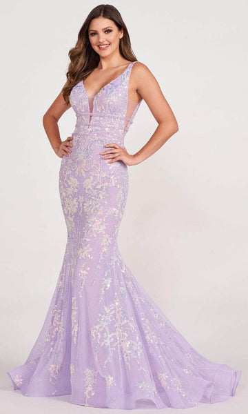 V-neck Jersey Sheer Illusion Open-Back Sequined Beaded Crystal Mermaid General Print Plunging Neck Natural Waistline Prom Dress with a Brush/Sweep Train