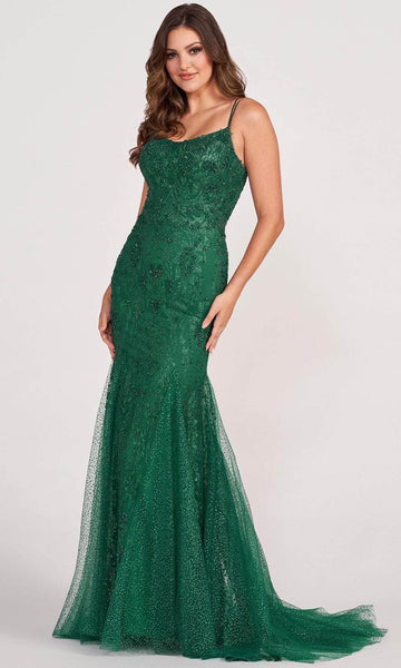 Floor Length Open-Back Sheer Sequined Lace-Up Scoop Neck Spaghetti Strap Mermaid Jersey Corset Natural Waistline Prom Dress with a Brush/Sweep Train