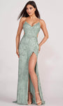 Sexy V-neck Fit-and-Flare Sheath Jersey Floor Length Natural Waistline Fitted Glittering Open-Back Slit Cutout Sleeveless Spaghetti Strap Sheath Dress with a Brush/Sweep Train