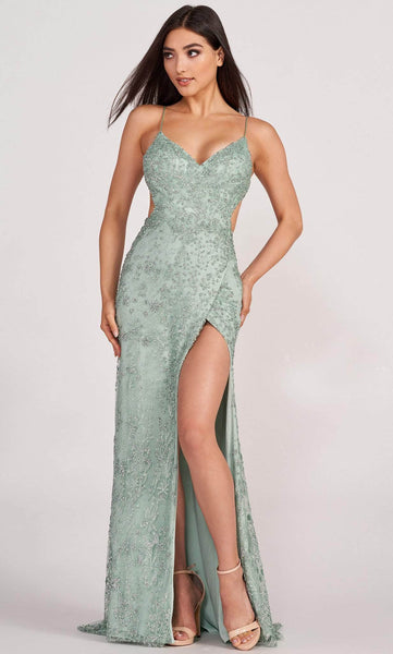 Sexy V-neck Natural Waistline Fit-and-Flare Sheath Glittering Cutout Slit Fitted Open-Back Floor Length Jersey Sleeveless Spaghetti Strap Sheath Dress with a Brush/Sweep Train