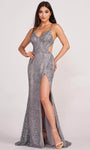 Sexy V-neck Natural Waistline Sleeveless Spaghetti Strap Fit-and-Flare Sheath Jersey Floor Length Glittering Slit Open-Back Fitted Cutout Sheath Dress with a Brush/Sweep Train