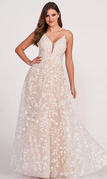 A-line V-neck Embroidered V Back Open-Back Beaded Cutout Sheer Natural Waistline Plunging Neck Floor Length Sleeveless Spaghetti Strap Prom Dress with a Brush/Sweep Train