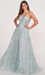 A-line V-neck Plunging Neck Beaded Open-Back Sheer Cutout Embroidered V Back Sleeveless Spaghetti Strap Prom Dress with a Brush/Sweep Train by Ellie Wilde