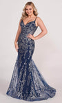 V-neck Mermaid Floor Length Sheer Glittering Cutout V Back Jersey Sleeveless Spaghetti Strap Natural Waistline Prom Dress with a Brush/Sweep Train