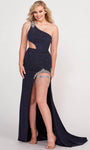 Sleeveless Glittering Asymmetric Fitted Crystal Beaded Cutout Jersey Natural Waistline Fit-and-Flare Sheath Sheath Dress/Evening Dress with a Brush/Sweep Train