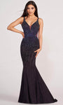 V-neck Glittering Open-Back Illusion Natural Waistline Sleeveless Floor Length Plunging Neck Jersey Mermaid Evening Dress