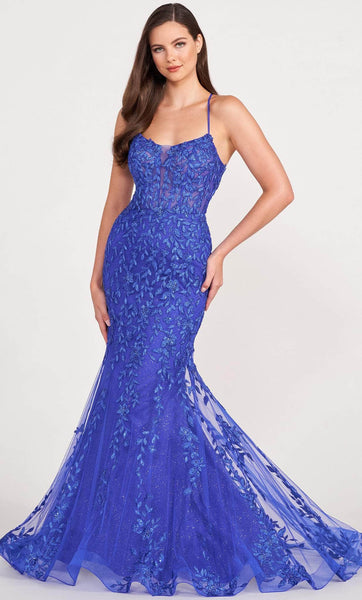 Sophisticated Mermaid Spaghetti Strap Floor Length Scoop Neck Natural Waistline Crystal Applique Embroidered Lace-Up Beaded Glittering Sheer Prom Dress with a Brush/Sweep Train