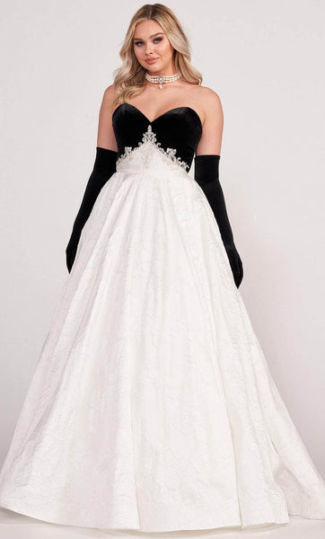 Strapless Sweetheart Belted Jacquard Crystal Beaded Pocketed Natural Waistline Floor Length Ball Gown Evening Dress